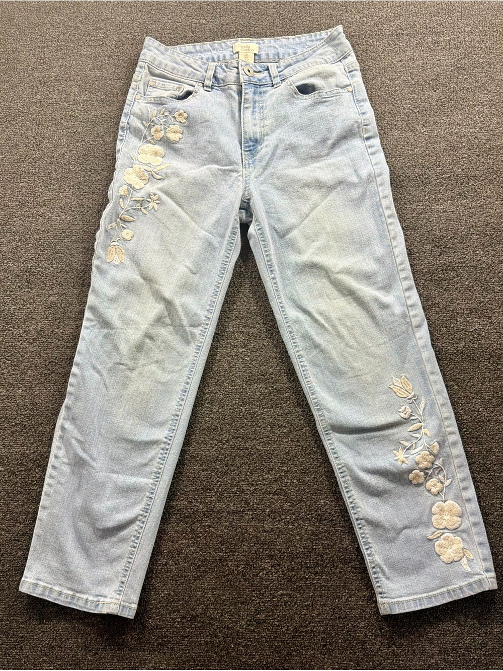 Camila Coelho Light Blue Straight Leg Jeans with Cream Floral Embroidery